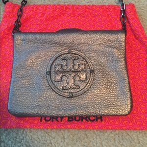 Tory Burch stacked logo small reva pewter bag